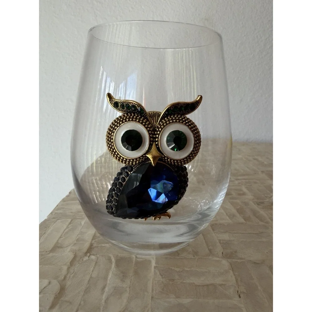 Funky Jeweled Owl Stemless Wine Glass